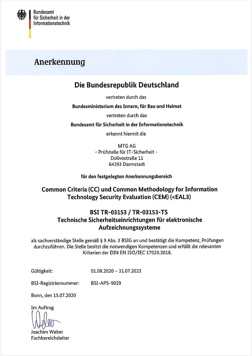 MTG Prüfstelle für IT-Sicherheit, Anerkennungsurkunde des BSI Prüfstelle IT-Sicherheit, Anerkennungsurkunde des BSI