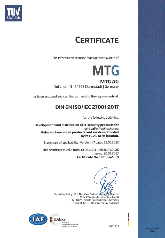 MTG certification according to ISO/IEC 27001:2017<br>(© TÜV Saarland) MTG certification according to ISO/IEC 27001:2017