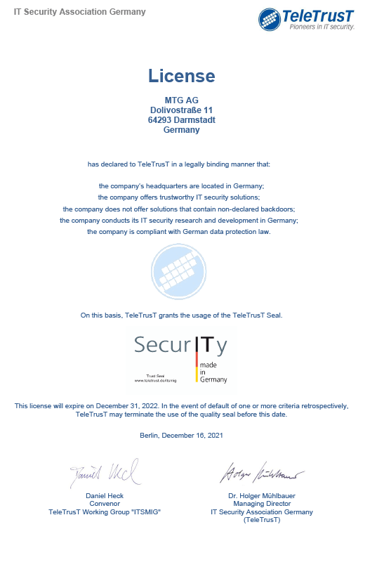 TeleTrust-ITSMIG certificate (© MTG AG) TeleTrust-ITSMIG-Urkunde