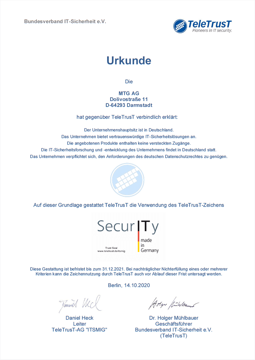 TeleTrust-ITSMIG-Urkunde (© MTG AG) TeleTrust-ITSMIG-Urkunde