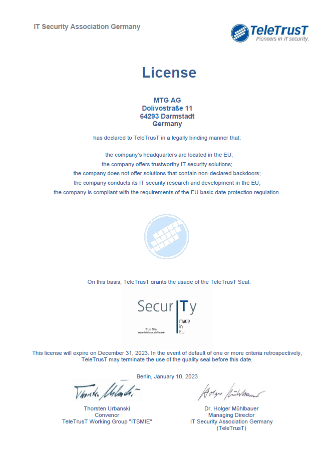 TeleTrust-ITSMIG certificate (© TeleTrust) TeleTrust-ITSMIG-Urkunde